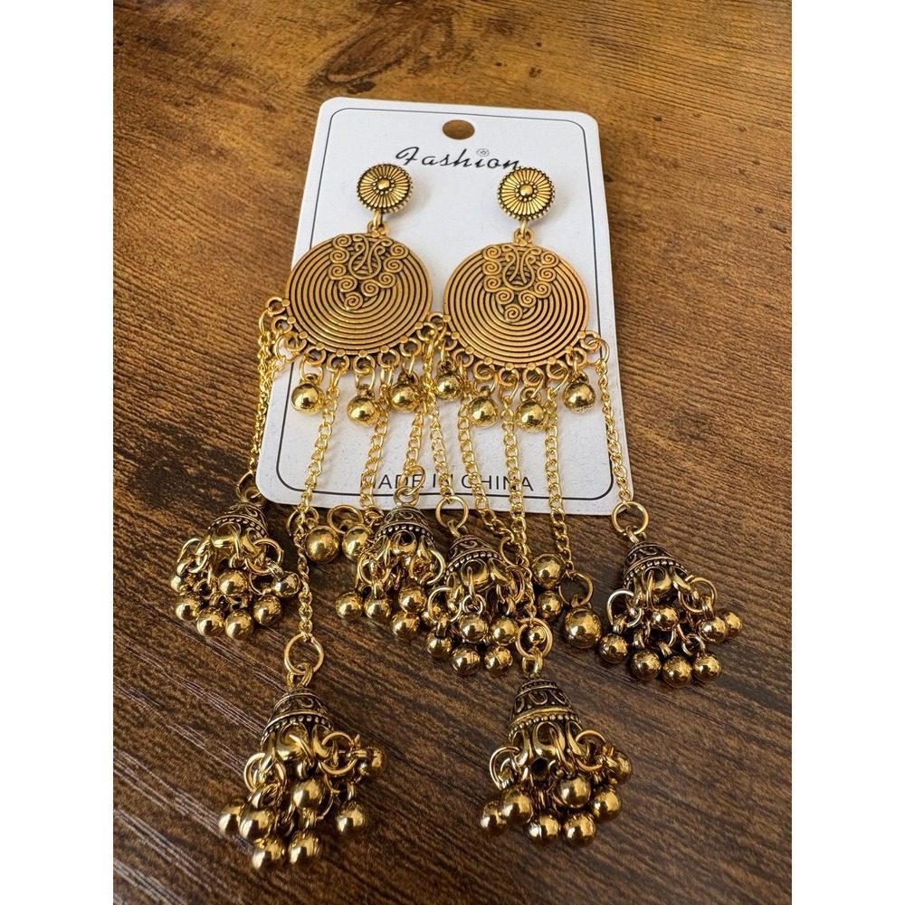 Vintage Style Gold Tone Jhumka Tassel Dangle Earrings Boho Statement NWT - Picture 4 of 4